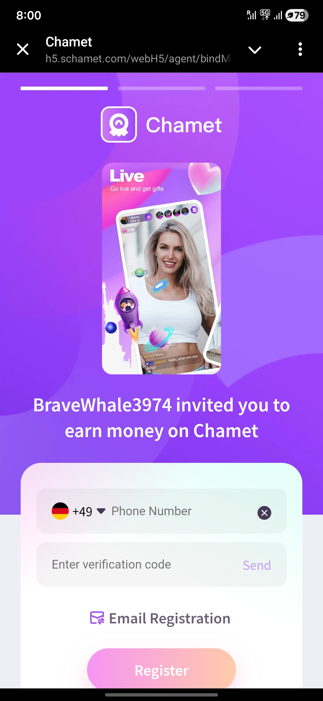 Chamet host registration step 1 open registration link